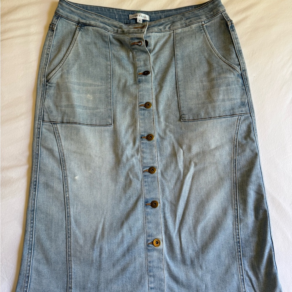 DownEast Button-Front Light Blue Denim Midi Skirt